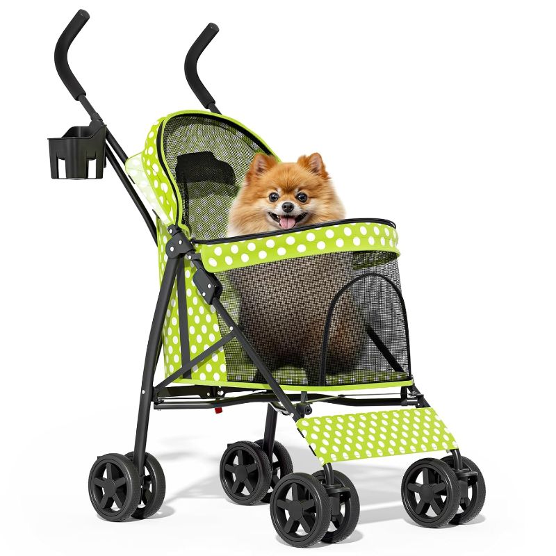 Photo 1 of MoNiBloom 4 Wheels Pet Stroller, Easy-Fold Umbrella Shaped Dog Cat Jogger Stroller w/Storage Bag & Visible Mesh for Small/Medium Dogs Cats Lawn Green Polka Dots