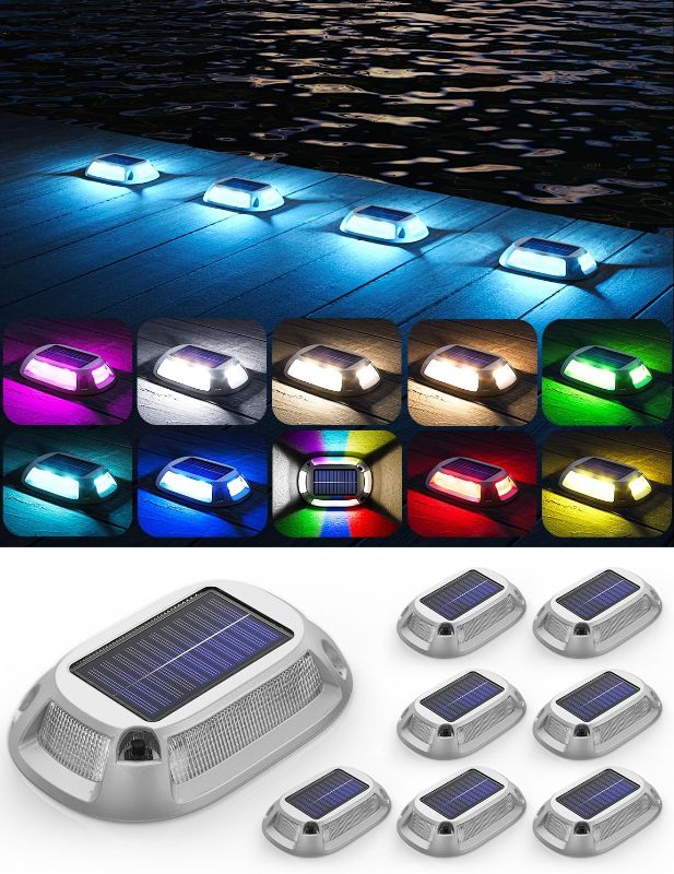 Photo 1 of 8 Pack Aluminum Alloy Solar Driveway Lights, IP68 Solar Deck Light Marine Dock Lights Outdoor Waterproof, Multi-color LED Driveway Markers for Walkway, Path Decor [12Modes - Strobe/RGB/Fix-color]