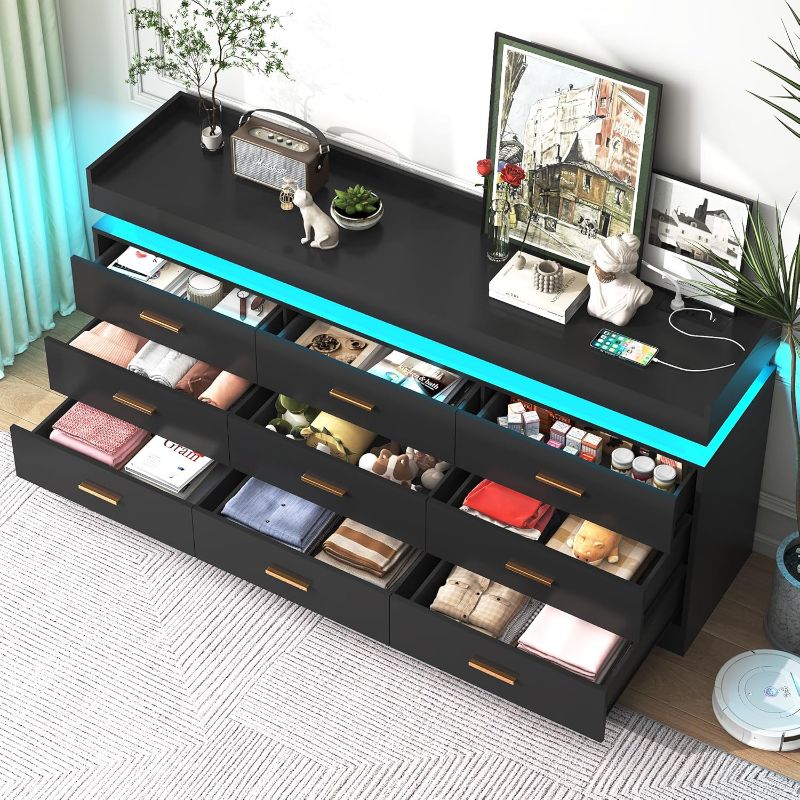 Photo 1 of 9 Drawer Dresser with Charging Station and LED Lights, Modern Chest of Drawers with Power Outlet, Organizer Cabinet for Bedroom, Living Room, Entryway, Black