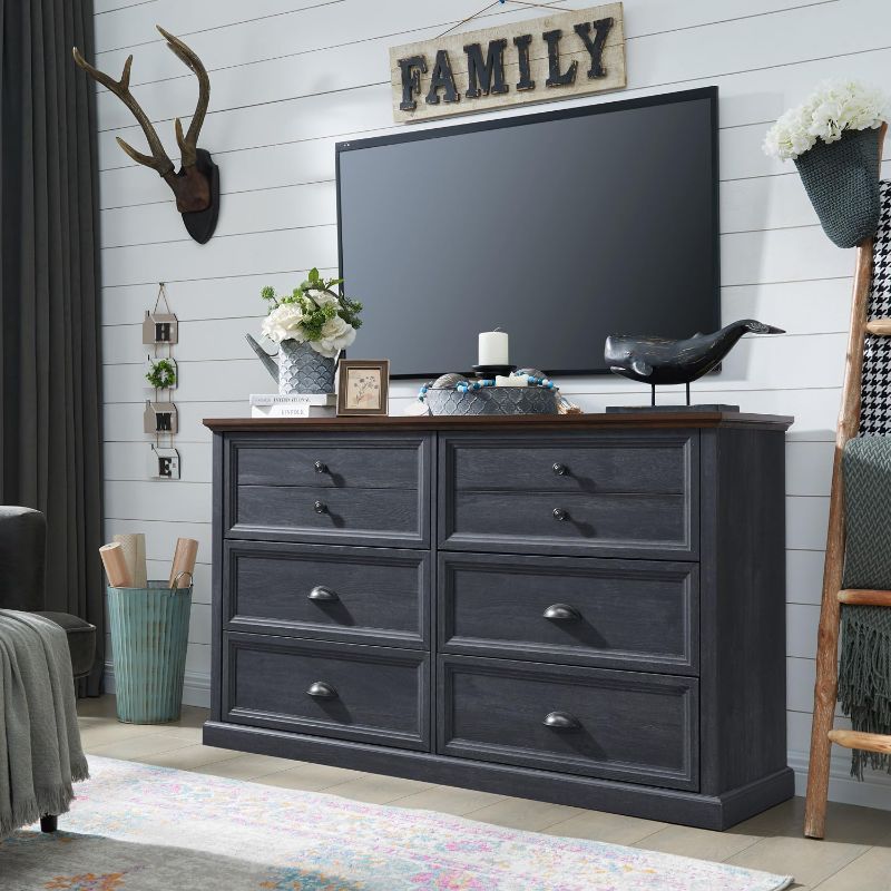 Photo 1 of Dresser for Bedroom,6 Drawer Bedroom Dresser,Drawer White Dresser Organizer Storage, Farmhouse Wood Rustic Tall Dresser Chest of Drawer for Closet, Living Room, Children's Room,Dark Grey