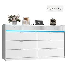 Photo 1 of 9 Drawer Led Dresser for Bedroom, 58.35'' White Wood Dresser Storage Organizer with Power Outlets for 65'' TV, Dressers with Open Shelves, Chest of Drawers for Closet, Living Room