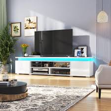 Photo 1 of Espafurni - 73" LED Media Console for 85 Inch TV | High Gloss Entertainment Center with Power Outlet & Storage - White