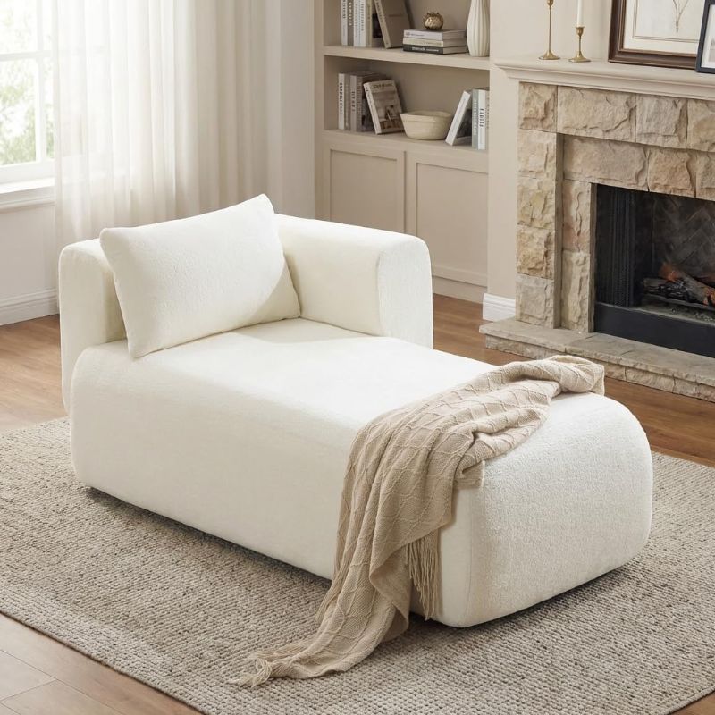 Photo 1 of Boucle Upholstered Chaise Lounge Indoor, Comfy Fluffy Lounge Sofa with 1 Pillow Modern Leisure Sleeper Sofa for Living Room Bedroom Office(Right Arm Facing, Beige)