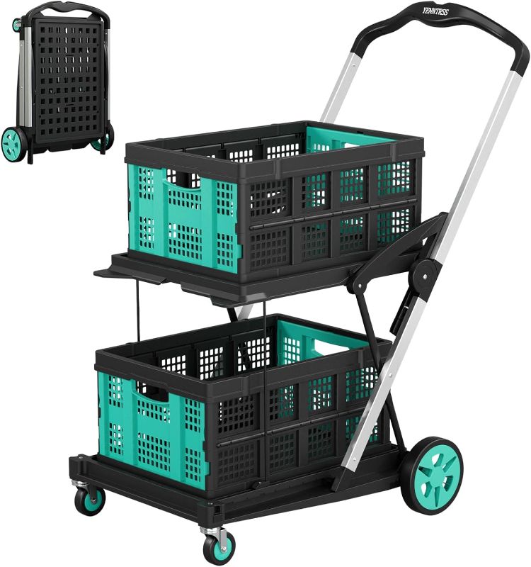 Photo 1 of 8-in-1 Collapsible Shopping Cart, 350 lbs Capacity Grocery Cart on Wheels, Foldable Shopping Cart with 2 Storage Crates for Shopping, Warehouse, Supermarket and Picnic, Blue