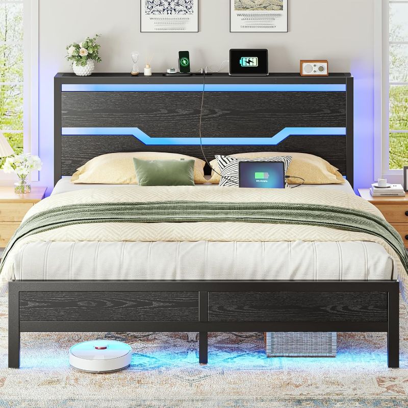 Photo 1 of Bed Frame Queen Size with Headboard and Storage, Queen Platform Bed Frame with LED Lights & Charging Station,Metal Queen Frame Heavy Duty,No Box Spring Needed, No Noise,Modern Black