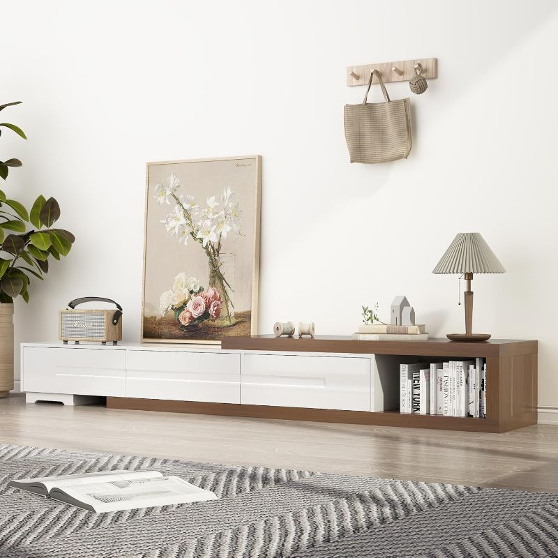 Photo 1 of Hlivelood Extendable TV Stand, Modern Entertainment Center for Up to 120 Inch TV, Wood Reversible TV Media Console with 3 Drawers for Living Room Bedroom, 82-110"(White& Walnut)