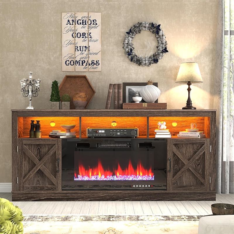 Photo 1 of Farmhouse Fireplace TV Stand for 70/75/80 Inch TV, 32”Tall Entertainment Center w/ 36”Electric Fireplace and LED Light, 70”Media Console w/Barn Door Cabinet for Living Room, Grey