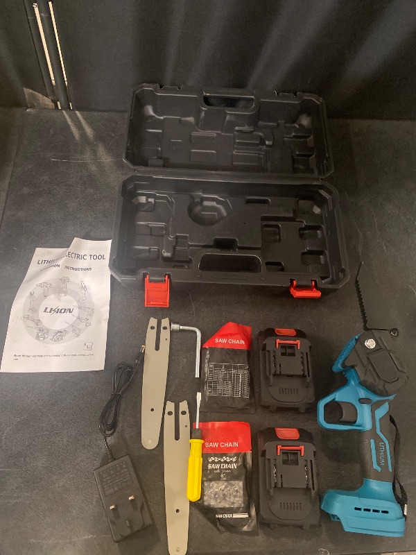Photo 1 of 4" Mini Cordless Chainsaw: Portable Electric (Battery Powered) Handheld Chainsaw for Wood Cutting, Garden Pruning, Tree Pruning and Shrub Pruning, Blue