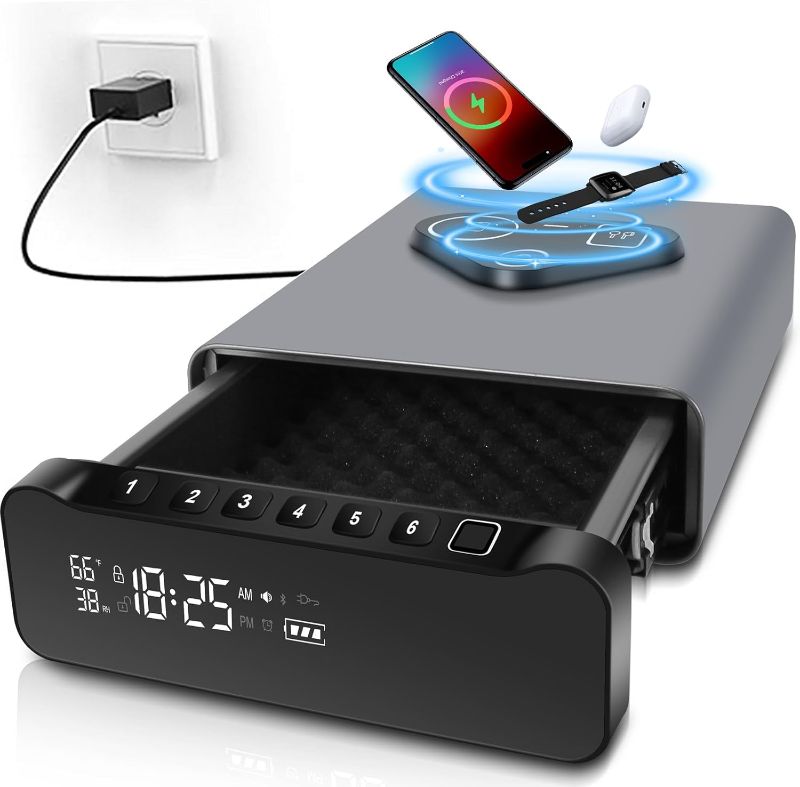 Photo 1 of Biometric Fingerprint Gun Safe, Clock Handgun Safe with 3-in-1 Watch & Phone Wireless Charging, Drawer Lock for Hand Guns, Cash, Valuables- with Humidity Reader|Temperature| Alarm Clock| Screen
