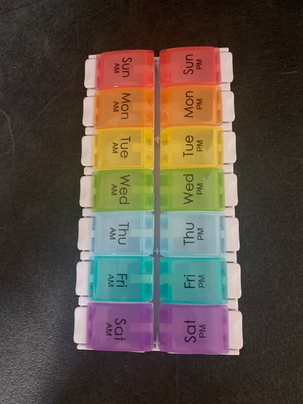 Photo 1 of AM PM Weekly Pill Organizer 2 Times A Day, Large Daily Pill Box Case 7 Day with Easy Push Button Design, Detachable Medicine Holder for Vitamin/Fish Oil/Supplements (Rainbow)