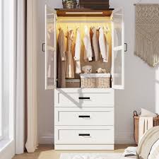 Photo 1 of 2 Glass Doors Armoire Wardrobe Closet with 3 Drawer & LED Light,75"H Wardrobe Closet Clothing Organizer with Hanging Rail for Bedroom