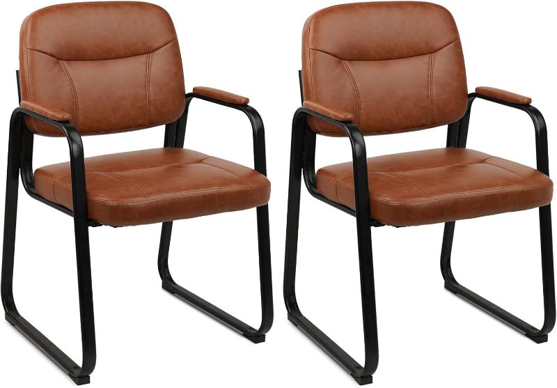Photo 1 of Waiting Reception Chairs No Wheel, Leather Guest Chair with Padded Arms, Modern Brown Office Desk Chairs with Sled Base for Office Meeting Conference Room Lobby Home Living Room (2 Pack)