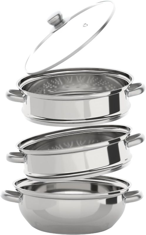 Photo 1 of 13" Stainless Steel 3-Tier Steamer Multi-Layer Stackable Steamer Pot with Lid Food Pots for Cooking Vegetables Seafood Soups Stews and Pasta Food