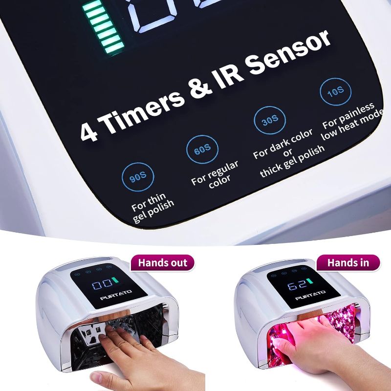 Photo 1 of PURTATO Professional Rechargeable 96W UV LED Portable Cordless UV Light for Nail Lamp Machine with Removable Stainless Steel Bottom,4 Timer Setting and Smart Sensor Nail Dryer (Plating Silver)