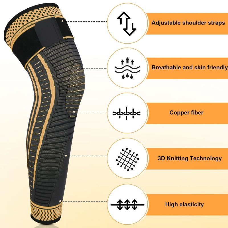 Photo 1 of Long Copper Knee Braces for Women and Men Full Leg Compression Sleeves Anti Sliping Ventilation Long Knee Support with Wraps for ACJ, PCL, Meniscus Tear, Arthritis (Copper, Small)