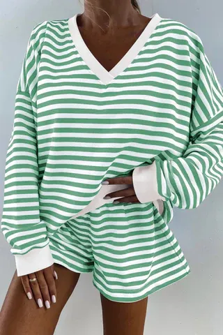 Photo 1 of  size medium Melliflo Women 2 Piece Outfits Lounge Sets Striped Print Long Sleeve V Neck Sweatshirt and Shorts Set Sweatsuit