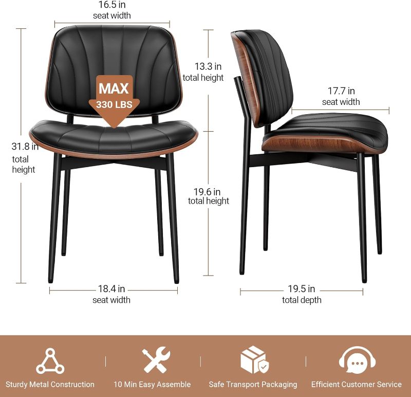 Photo 1 of REONEY Dining Chairs Set of 2, Mid-Century Modern Upholstered PU Leather Chairs with Walnut Bentwood Back and Metal Legs Adjustable Feet for Kitchen, Black Shell Strips