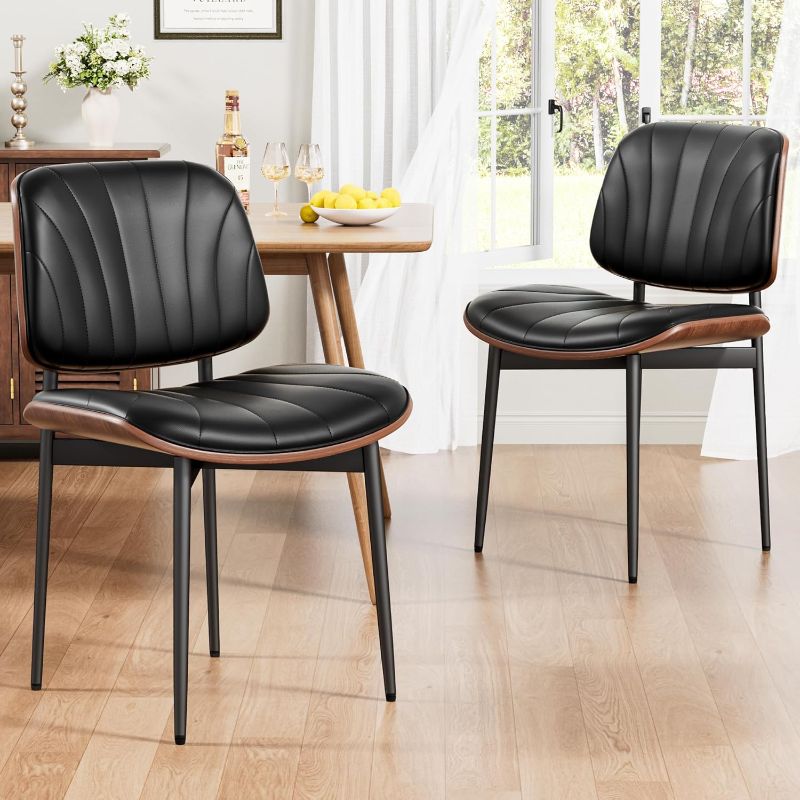 Photo 1 of REONEY Dining Chairs Set of 2, Mid-Century Modern Upholstered PU Leather Chairs with Walnut Bentwood Back and Metal Legs Adjustable Feet for Kitchen, Black Shell Strips