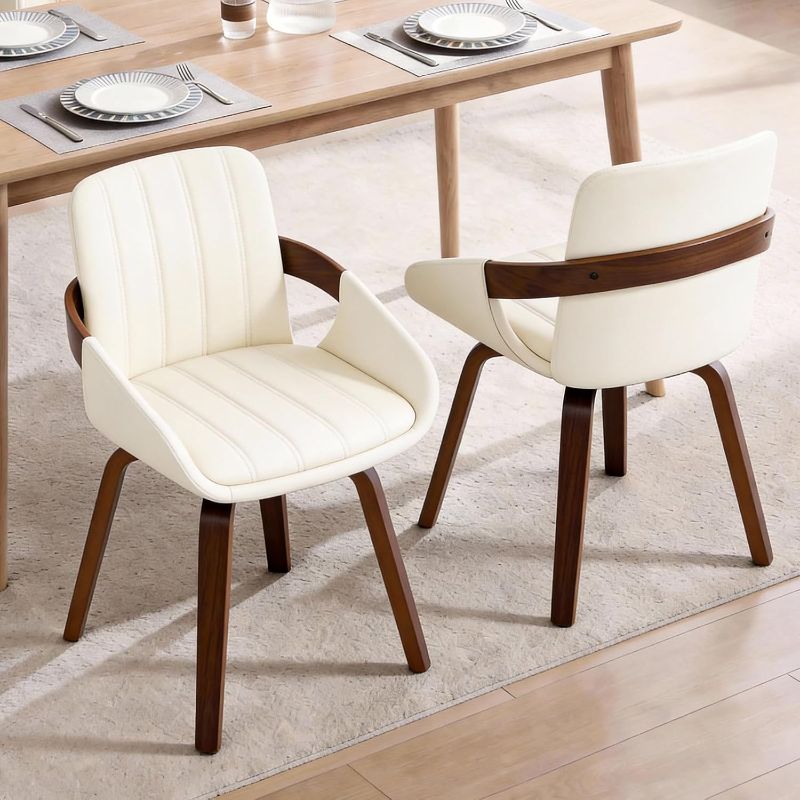 Photo 1 of Misshappy Mid Century Modern Dining Chairs Set of 2, Swivel Faux Leather with Walnut Bentwood Arms, Channel Tufted Curved Back, 300 lbs Capacity (White)