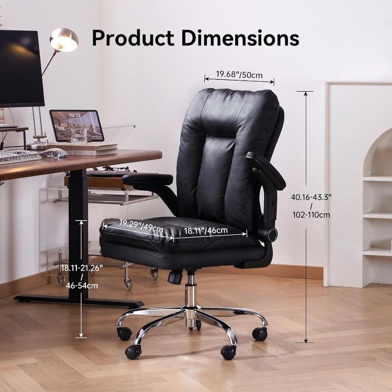 Photo 1 of LEAGOO Comfy Office Chair with Padded Flip-up Arms, Mid Back Executive Ergonomic Desk Chairs, Faux Leather Computer Rolling Chair with Wheels for Home, Adjustable Height, 360 Swivel, 300lbs, Black