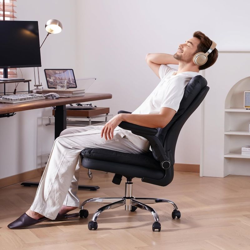 Photo 1 of LEAGOO Comfy Office Chair with Padded Flip-up Arms, Mid Back Executive Ergonomic Desk Chairs, Faux Leather Computer Rolling Chair with Wheels for Home, Adjustable Height, 360 Swivel, 300lbs, Black