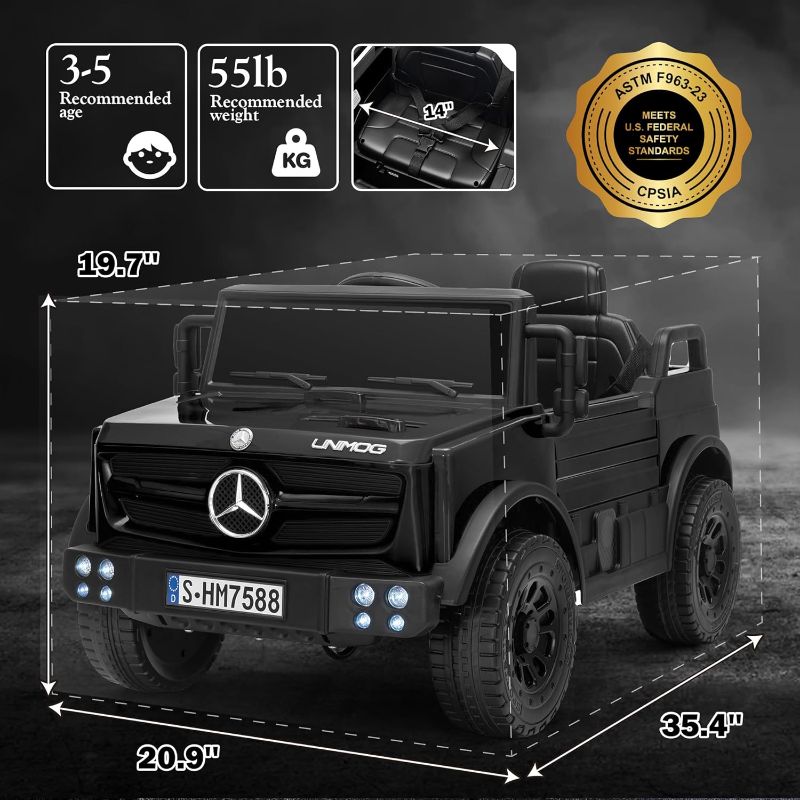 Photo 1 of 12V Licensed Mercedes-Benz UNIMOG Car for Kids, Kids Ride on Car with Remote Control, LED Lights, Music & Horn, Soft Start, Low Battery Prompt, Kids Ride on Toys for 3-5 Year Old