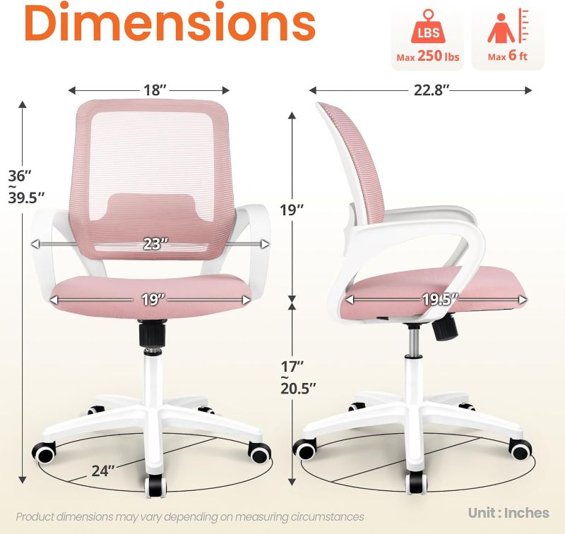 Photo 1 of NEO CHAIR Office Desk Ergonomic Computer Mesh Chair with Lumbar Mid Back Support Adjustable Height Swivel Rolling Wheels Comfy Task Vanity Chair for Home Bedroom Study (Pastel Pink)
Visit the NEO CHAIR Store