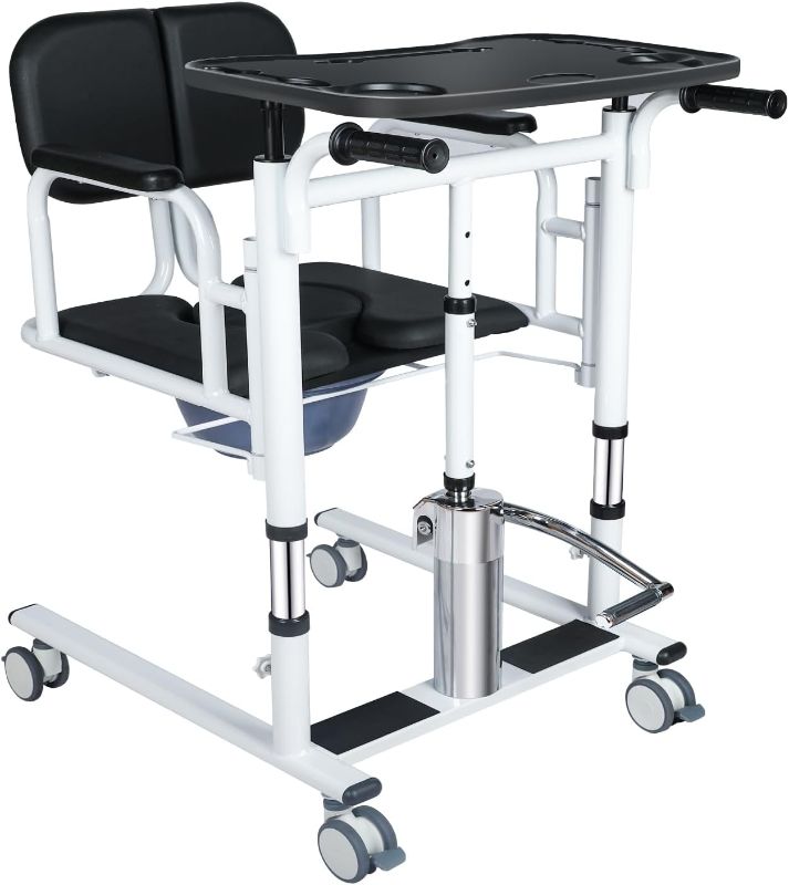 Photo 1 of Patient Lift Transfer Chair for Elderly and Home, Portable Adjustable Height Lift Nursing Wheelchair 180° Split PU Leather and Thickened Sponge Seat