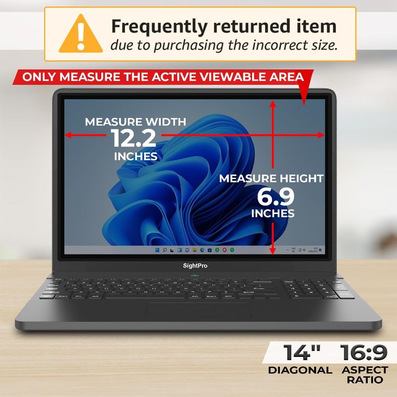 Photo 1 of SightPro 14 Inch 16:9 Laptop Privacy Screen Filter - Privacy Shield and Anti-Glare Protector (Not Magnetic)