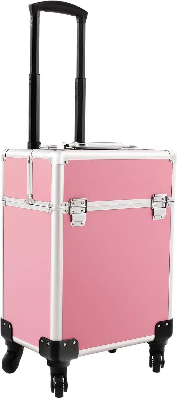 Photo 1 of Rolling Makeup Train Case, Large Aluminum Alloy Cosmetic Trolley Case with Wheels & Retractable Handle, Lockable Storage for Makeup Artists, Lash Techs, Travel, Pink