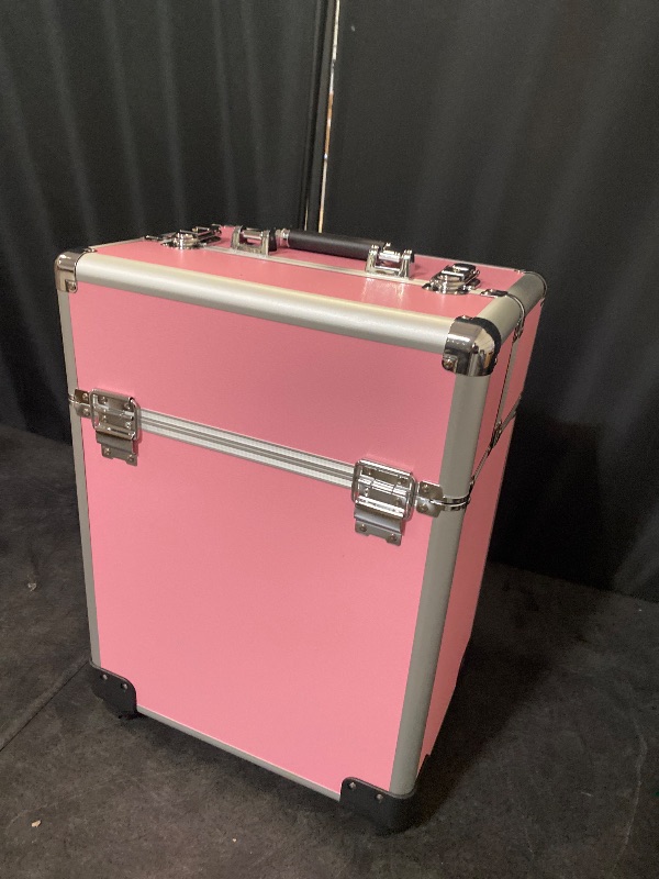 Photo 1 of Rolling Makeup Train Case, Large Aluminum Alloy Cosmetic Trolley Case with Wheels & Retractable Handle, Lockable Storage for Makeup Artists, Lash Techs, Travel, Pink