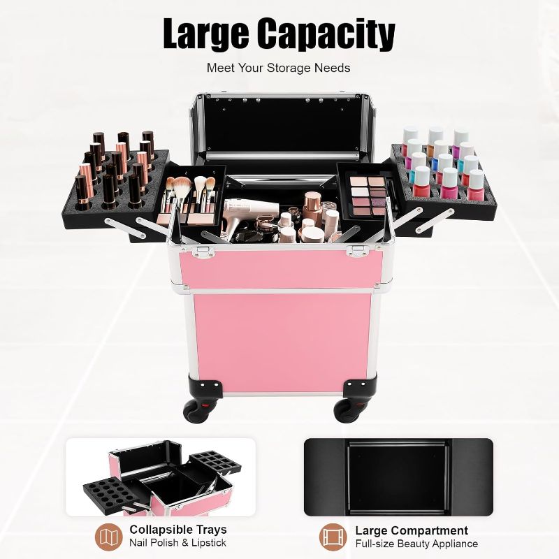 Photo 1 of Rolling Makeup Train Case, Large Aluminum Alloy Cosmetic Trolley Case with Wheels & Retractable Handle, Lockable Storage for Makeup Artists, Lash Techs, Travel, Pink