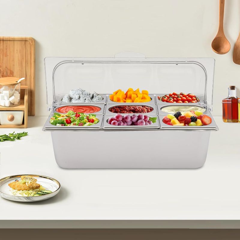Photo 1 of Countertop Food Serving Display Container 9 Pans Stainless Steel Salad Bar Buffet Station for Home, Cold Food Serving Tray with Flip Lid, Food Dispenser for Picnics Buffets Gatherings Parties