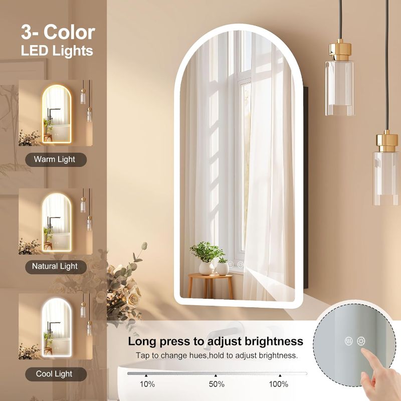 Photo 1 of Black Arched Medicine Cabinet With Mirror, Recessed Lighted Medicine Cabinet For Bathroom, Led Bathroom Vanity Mirror with Storage,3-Color Lighted Mirrored Cabinet Wall Mounted With Defogger