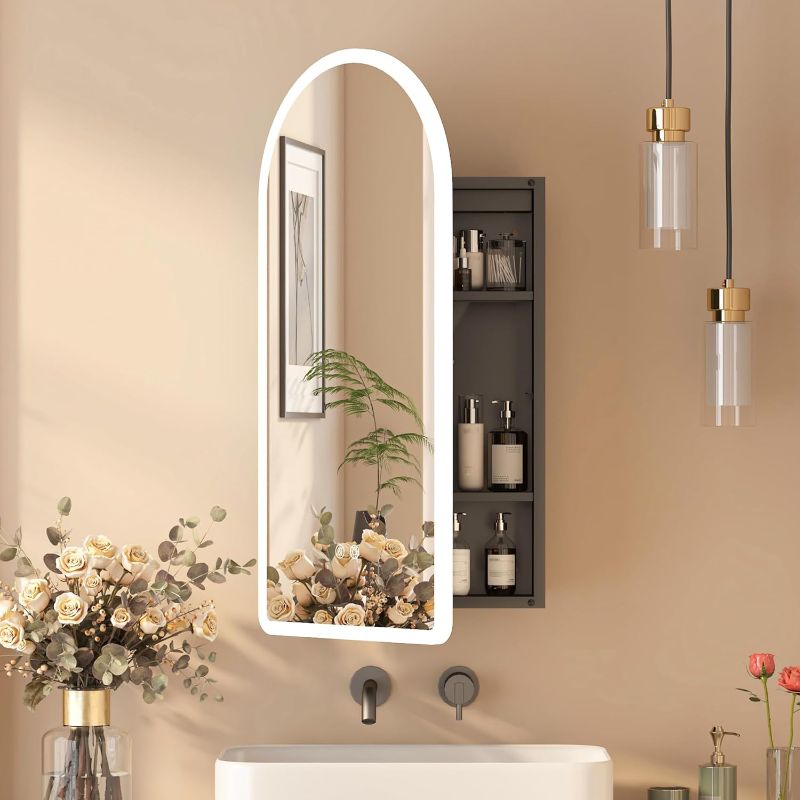 Photo 1 of Black Arched Medicine Cabinet With Mirror, Recessed Lighted Medicine Cabinet For Bathroom, Led Bathroom Vanity Mirror with Storage,3-Color Lighted Mirrored Cabinet Wall Mounted With Defogger