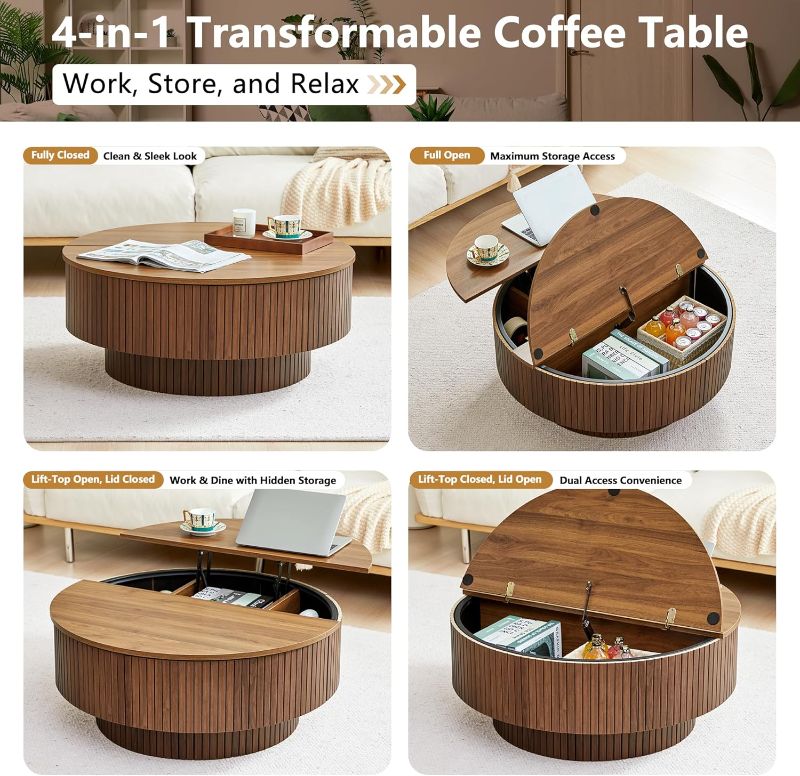 Photo 1 of 33" Round Coffee Table with Lift-Top & Flip-Top Storage, Modern Accent Fluted Coffee Tables with Metal Frame, Wooden Circle Center Table for Living Room Small Space Apartment Office (Walnut)