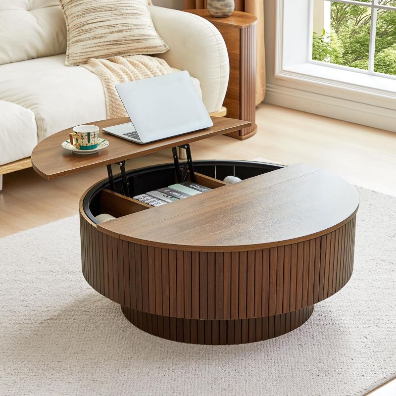 Photo 1 of 33" Round Coffee Table with Lift-Top & Flip-Top Storage, Modern Accent Fluted Coffee Tables with Metal Frame, Wooden Circle Center Table for Living Room Small Space Apartment Office (Walnut)
