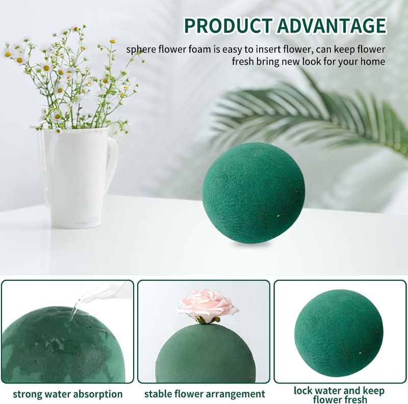 View 2 of FERVORSOFT Floral Foam Balls, 3 Pcs 3.54'' Flower Foam Sphere for Floral Arrangements, Wedding & Home Decor, Wet & Dry Green Plant Foam for Fresh & Artificial Flowers