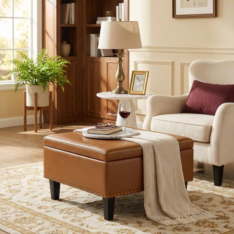 Photo 1 of AKMAKM 31.5" Faux Leather Square Ottoman with Storage Brown | Large Lift Top Coffee Table Footstool for Living Room with Padded Cushion & Elevated Wood Legs