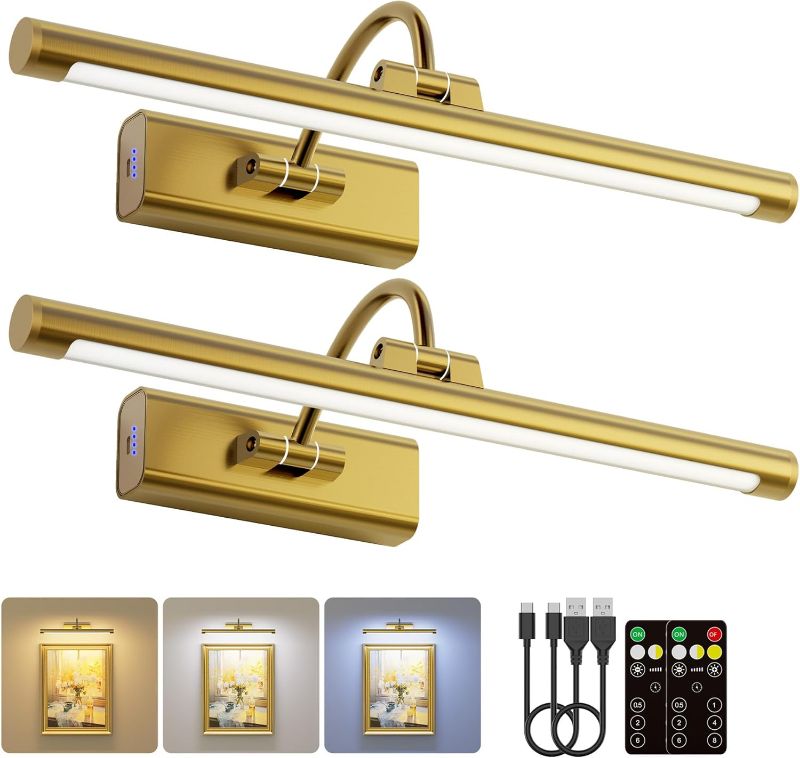 Photo 1 of 2 Pack 16" Brass Picture Art Lights - 6000mAh Rechargeable Battery Powered Wireless Lighting for Home Gallery, Office, Living & Bedroom