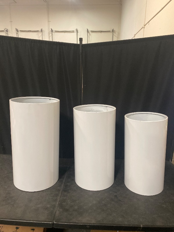 Photo 1 of Cylinder Pedestal Stands for Parties,Metal Cylinder Stands for Party White Round Display Pedestal Stand for Wedding Props Birthday Babyshower Party Event Decor 3PC(75/65/60)