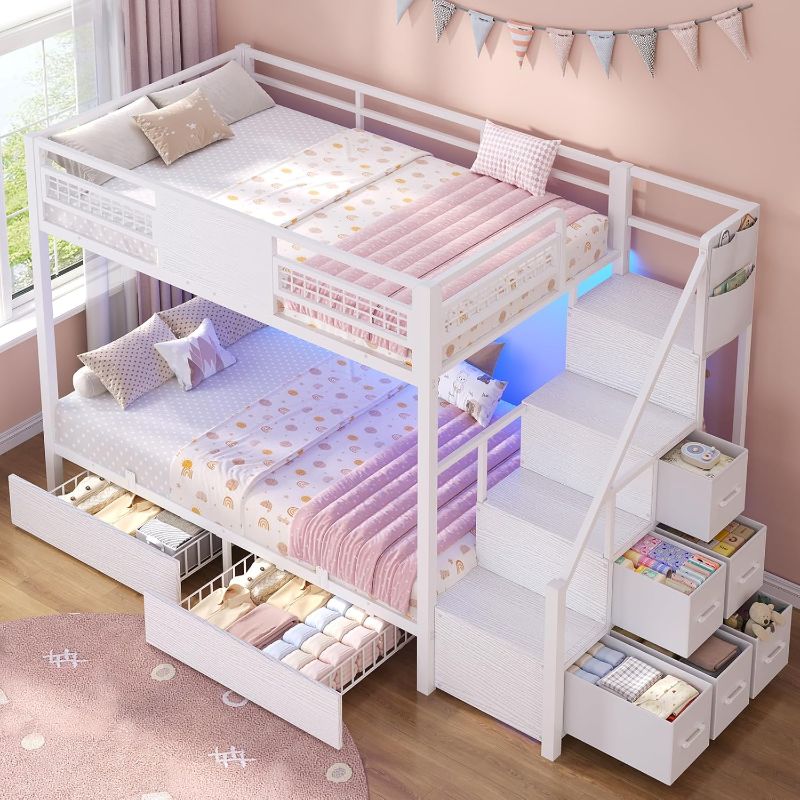 Photo 1 of box 1 of 2 BTHFST Bunk Bed Twin Over Twin with Stairs, LED Lights Twin Bunk Bed with 2 Storage Drawers & 6 Fabric Drawers, Metal Twin Loft Beds with Guardrail & Stairs, Space Saving, Sturdy Frame for Teens