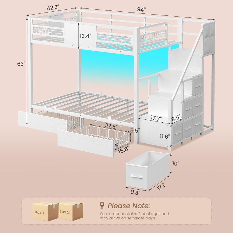 View 2 of box 1 of 2 BTHFST Bunk Bed Twin Over Twin with Stairs, LED Lights Twin Bunk Bed with 2 Storage Drawers & 6 Fabric Drawers, Metal Twin Loft Beds with Guardrail & Stairs, Space Saving, Sturdy Frame for Teens