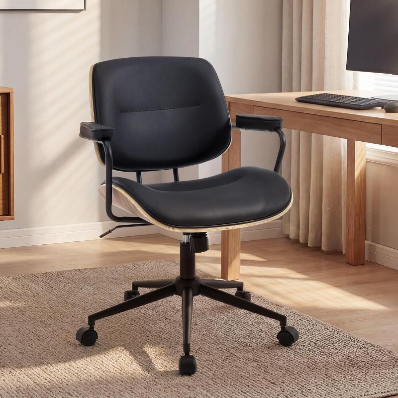 Photo 1 of Mid Century Walnut Office Chair with Arms, Adjustable Swivel Desk Chair, Leather Computer Chair with Rolling Wheels for Home Office or Study Room, Black