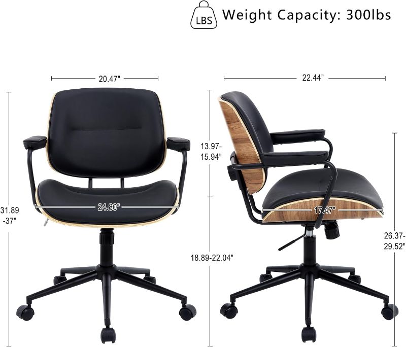 Photo 1 of Mid Century Walnut Office Chair with Arms, Adjustable Swivel Desk Chair, Leather Computer Chair with Rolling Wheels for Home Office or Study Room, Black