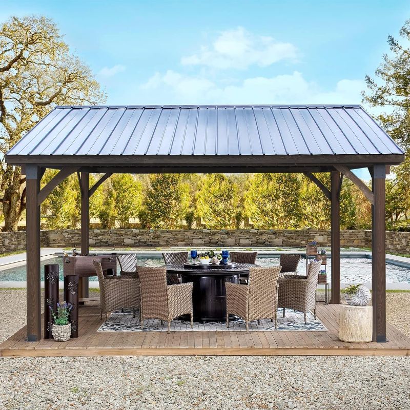 Photo 1 of box 6 of 6 14' x 12' Wood Gazebo on Clearance Pergolas and Gazebos Clearance with Thermal Insulated Polycarbonate Pyramid Hip Roof for Backyard Deck Garden and Patio (black) Roof