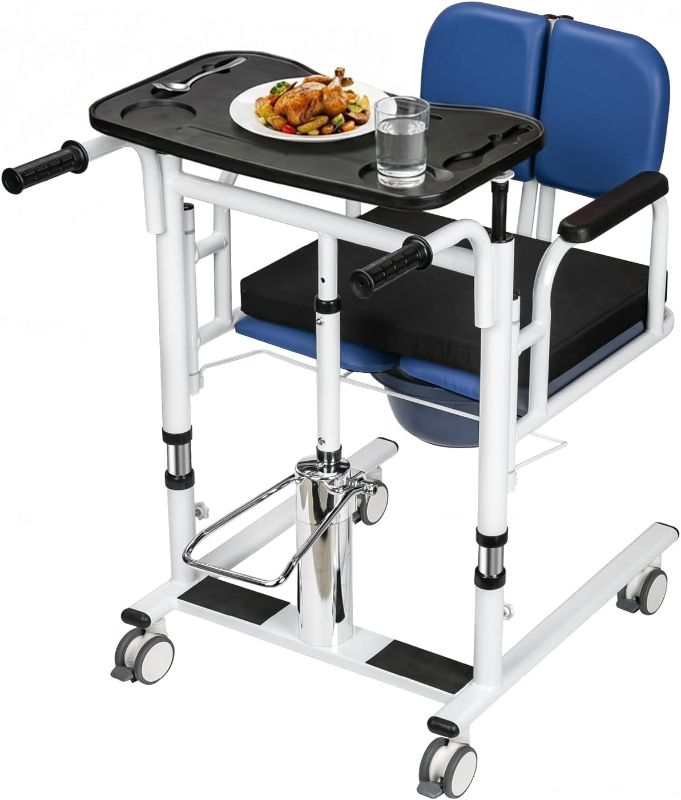 Photo 1 of Patient Lift Transfer Chair for Elderly and Home, Portable Adjustable Height Lift Nursing Wheelchair 180° Split PU Leather and Thickened Sponge Seat