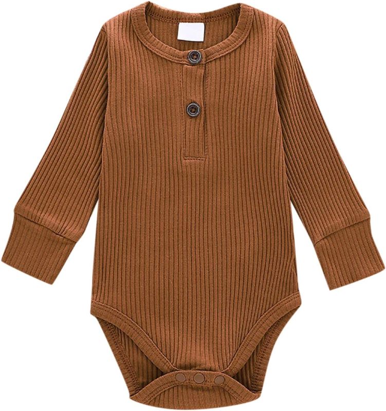 Photo 1 of 6-9M Baby Girls Boys Long Sleeve Solid Ribbed Romper Bodysuit Glitter Baby (Brown, 6-9 Months)