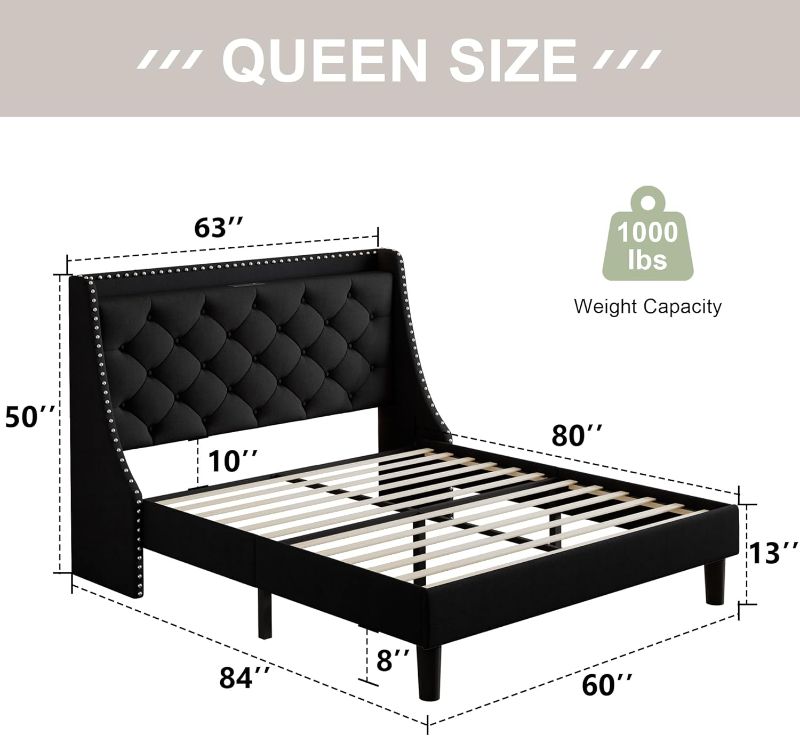 Photo 1 of Feonase Queen Bed Frame with Luxury Wingback Upholstered Button Tufted Storage Headboard, Queen Platform Bed with Charging Station, Sturdy Wooden Slats Support, Noise-Free, Easy Assembly, Black