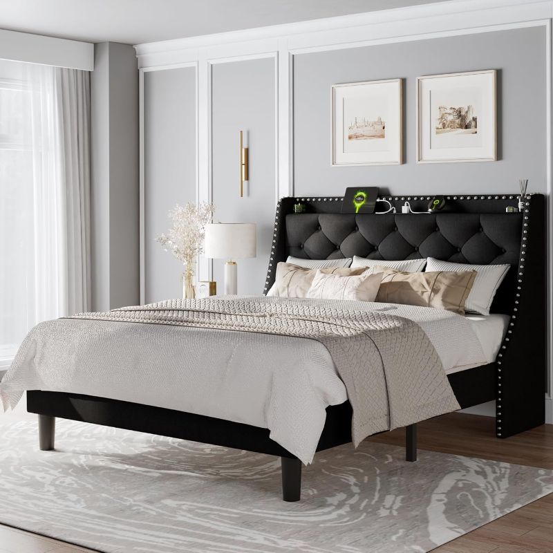 Photo 1 of Feonase Queen Bed Frame with Luxury Wingback Upholstered Button Tufted Storage Headboard, Queen Platform Bed with Charging Station, Sturdy Wooden Slats Support, Noise-Free, Easy Assembly, Black